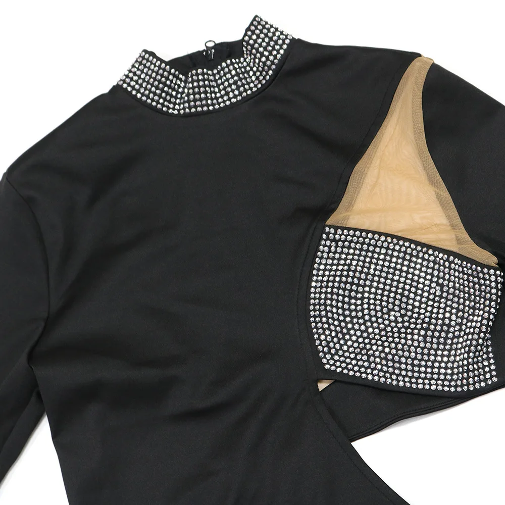 CM.YAYA Women Diamond O-Neck Full Sleeve Bodycon Long Dress Split Summer Streetwear Sexy Vestidos Night Party Evening Dresses