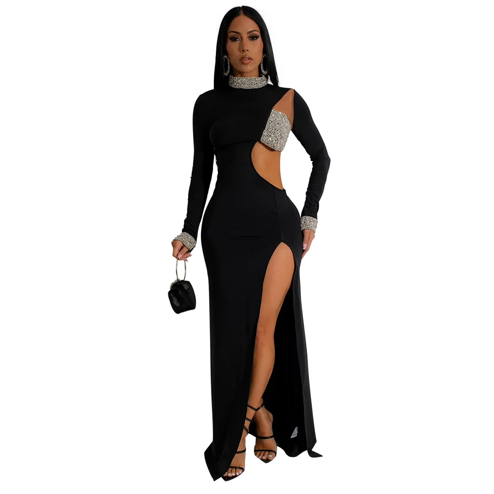 CM.YAYA Women Diamond O-Neck Full Sleeve Bodycon Long Dress Split Summer Streetwear Sexy Vestidos Night Party Evening Dresses