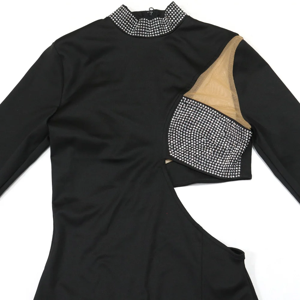 CM.YAYA Women Diamond O-Neck Full Sleeve Bodycon Long Dress Split Summer Streetwear Sexy Vestidos Night Party Evening Dresses