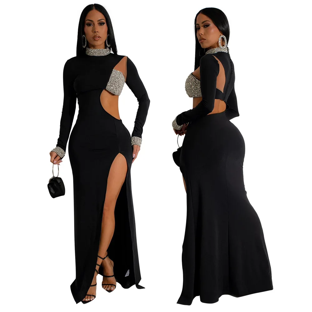 CM.YAYA Women Diamond O-Neck Full Sleeve Bodycon Long Dress Split Summer Streetwear Sexy Vestidos Night Party Evening Dresses