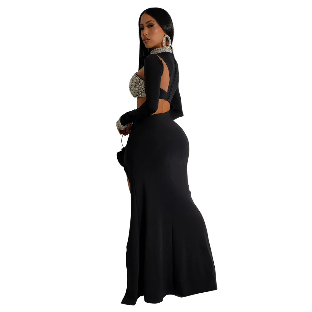 CM.YAYA Women Diamond O-Neck Full Sleeve Bodycon Long Dress Split Summer Streetwear Sexy Vestidos Night Party Evening Dresses