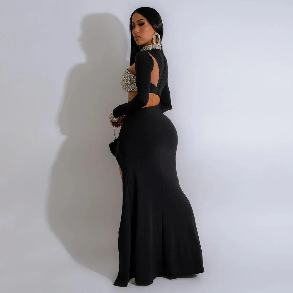 CM.YAYA Women Diamond O-Neck Full Sleeve Bodycon Long Dress Split Summer Streetwear Sexy Vestidos Night Party Evening Dresses