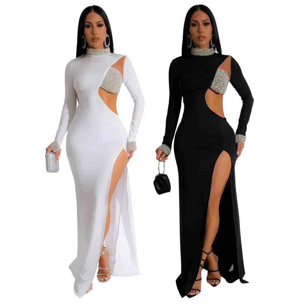 CM.YAYA Women Diamond O-Neck Full Sleeve Bodycon Long Dress Split Summer Streetwear Sexy Vestidos Night Party Evening Dresses