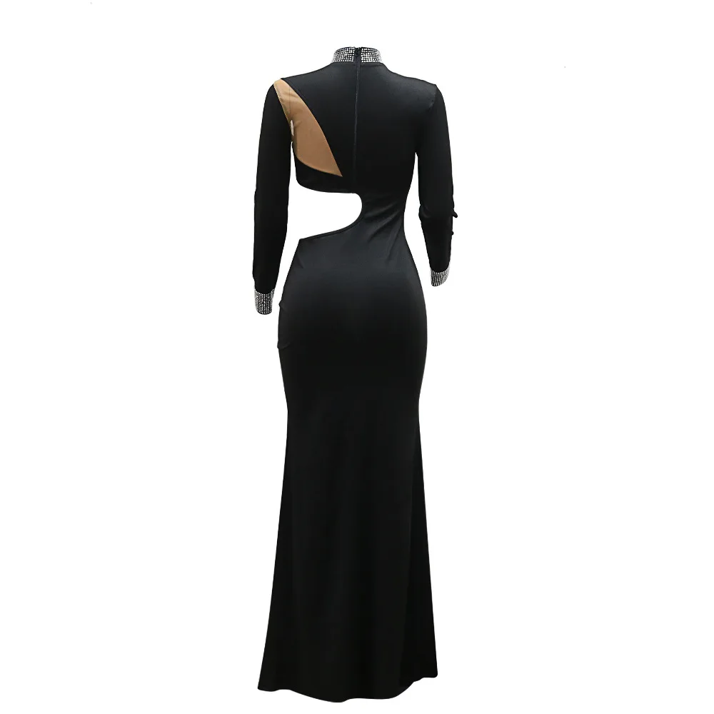 CM.YAYA Women Diamond O-Neck Full Sleeve Bodycon Long Dress Split Summer Streetwear Sexy Vestidos Night Party Evening Dresses