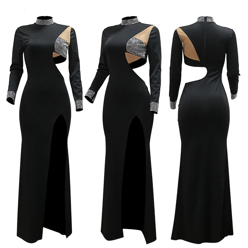 CM.YAYA Women Diamond O-Neck Full Sleeve Bodycon Long Dress Split Summer Streetwear Sexy Vestidos Night Party Evening Dresses