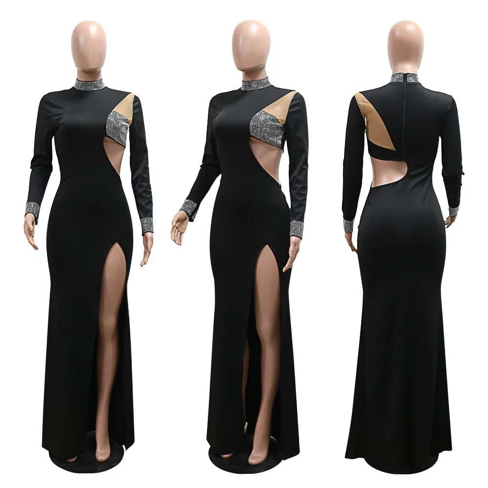 CM.YAYA Women Diamond O-Neck Full Sleeve Bodycon Long Dress Split Summer Streetwear Sexy Vestidos Night Party Evening Dresses