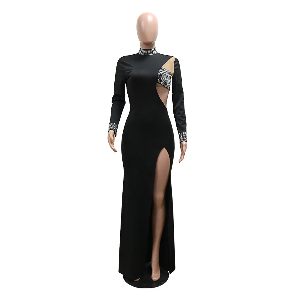 CM.YAYA Women Diamond O-Neck Full Sleeve Bodycon Long Dress Split Summer Streetwear Sexy Vestidos Night Party Evening Dresses