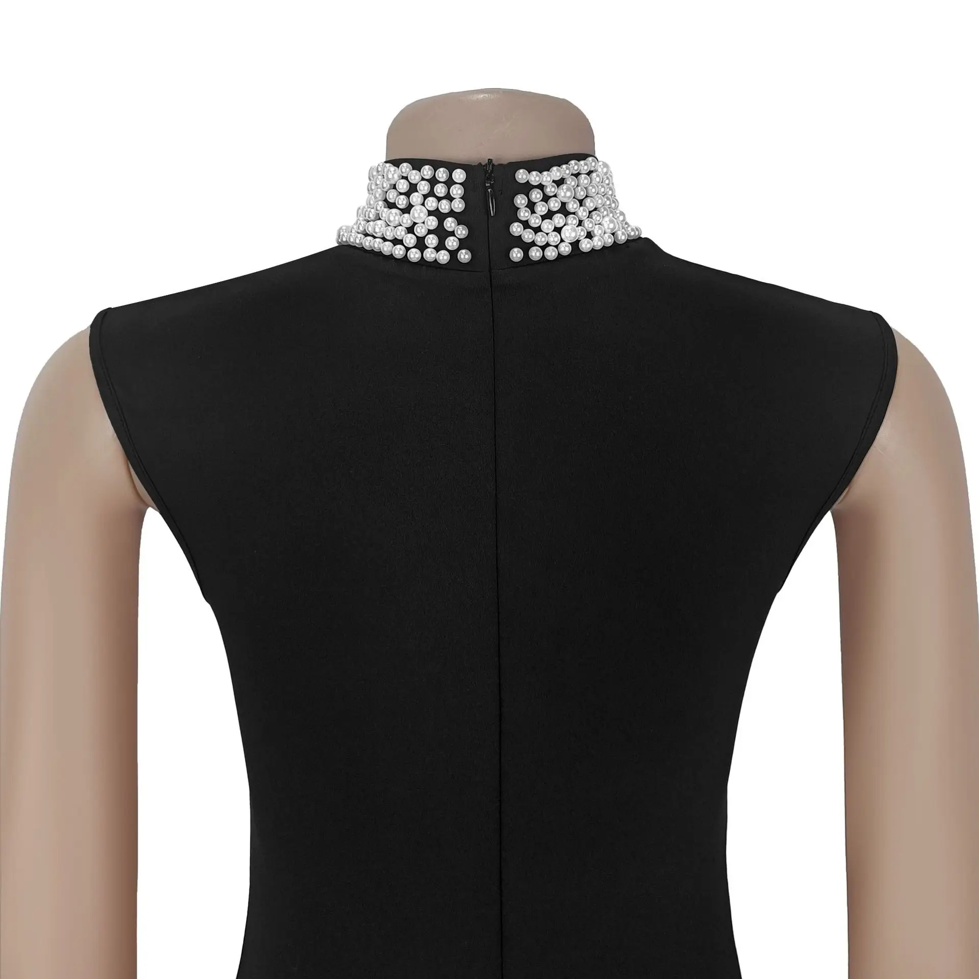 GLCMYAYA Women Pearl Beading Stand Collar Bodycon Midi Maxi Long Pleated Dress 2025 Summer Vacation Holiday Sexy Party Dresses