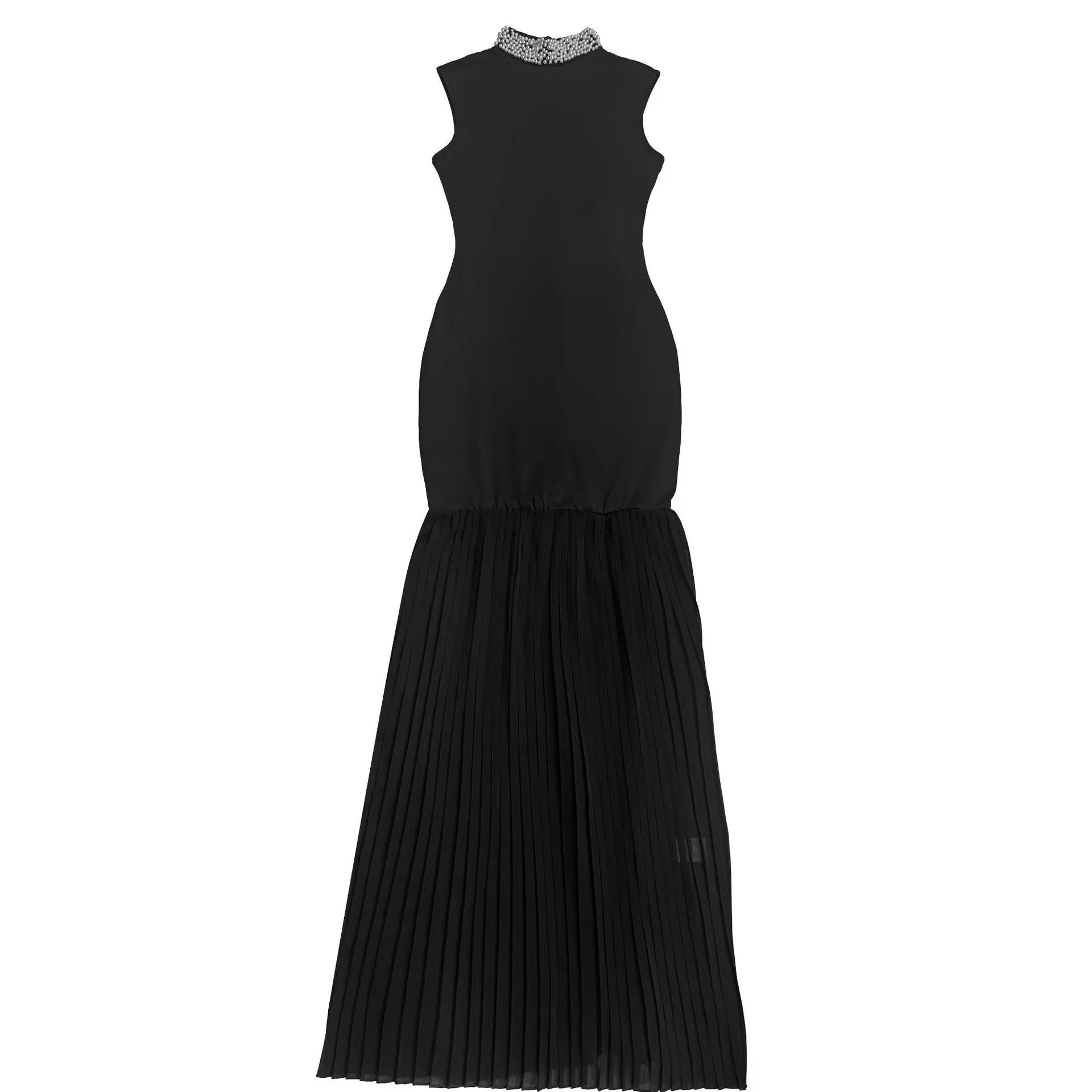 GLCMYAYA Women Pearl Beading Stand Collar Bodycon Midi Maxi Long Pleated Dress 2025 Summer Vacation Holiday Sexy Party Dresses