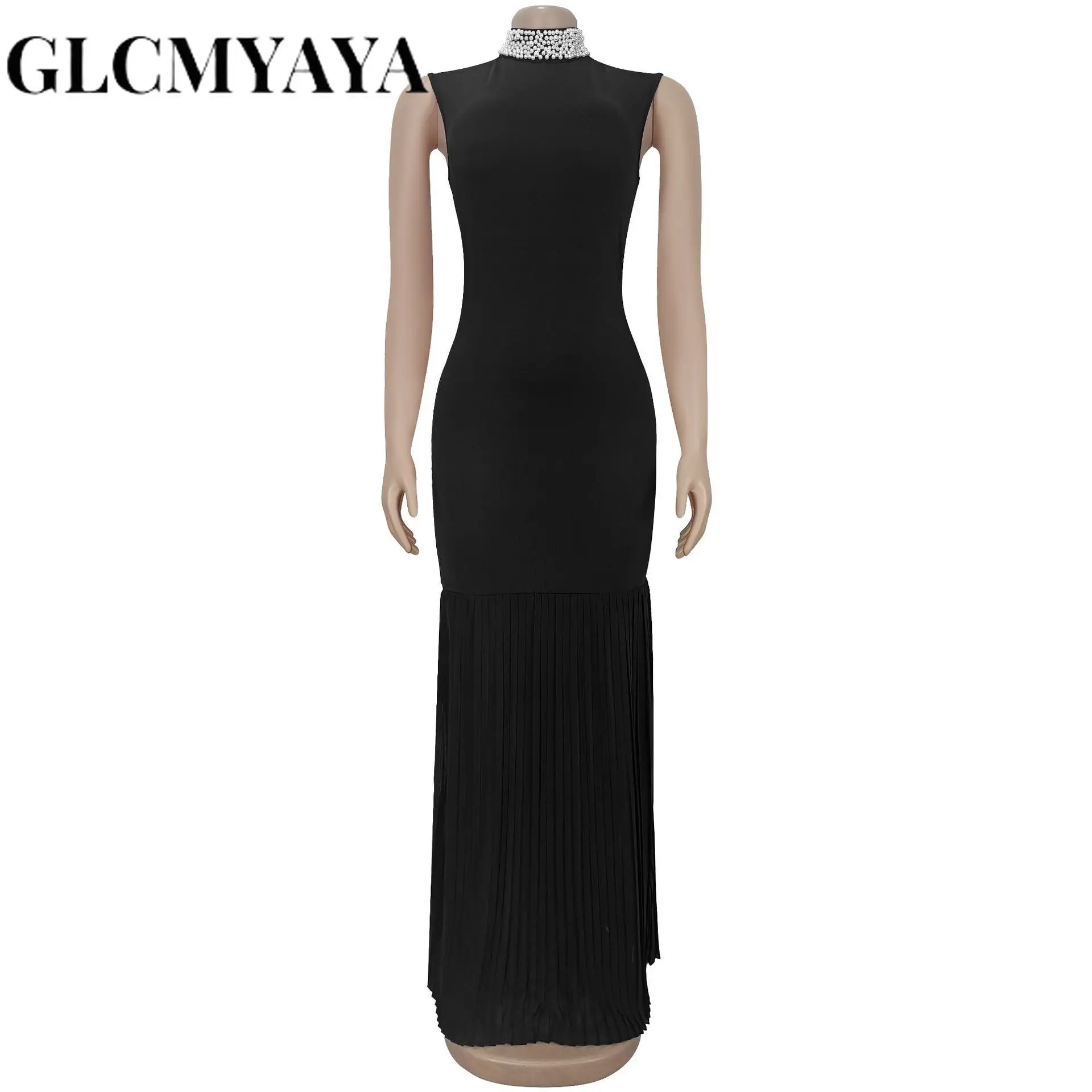 GLCMYAYA Women Pearl Beading Stand Collar Bodycon Midi Maxi Long Pleated Dress 2025 Summer Vacation Holiday Sexy Party Dresses