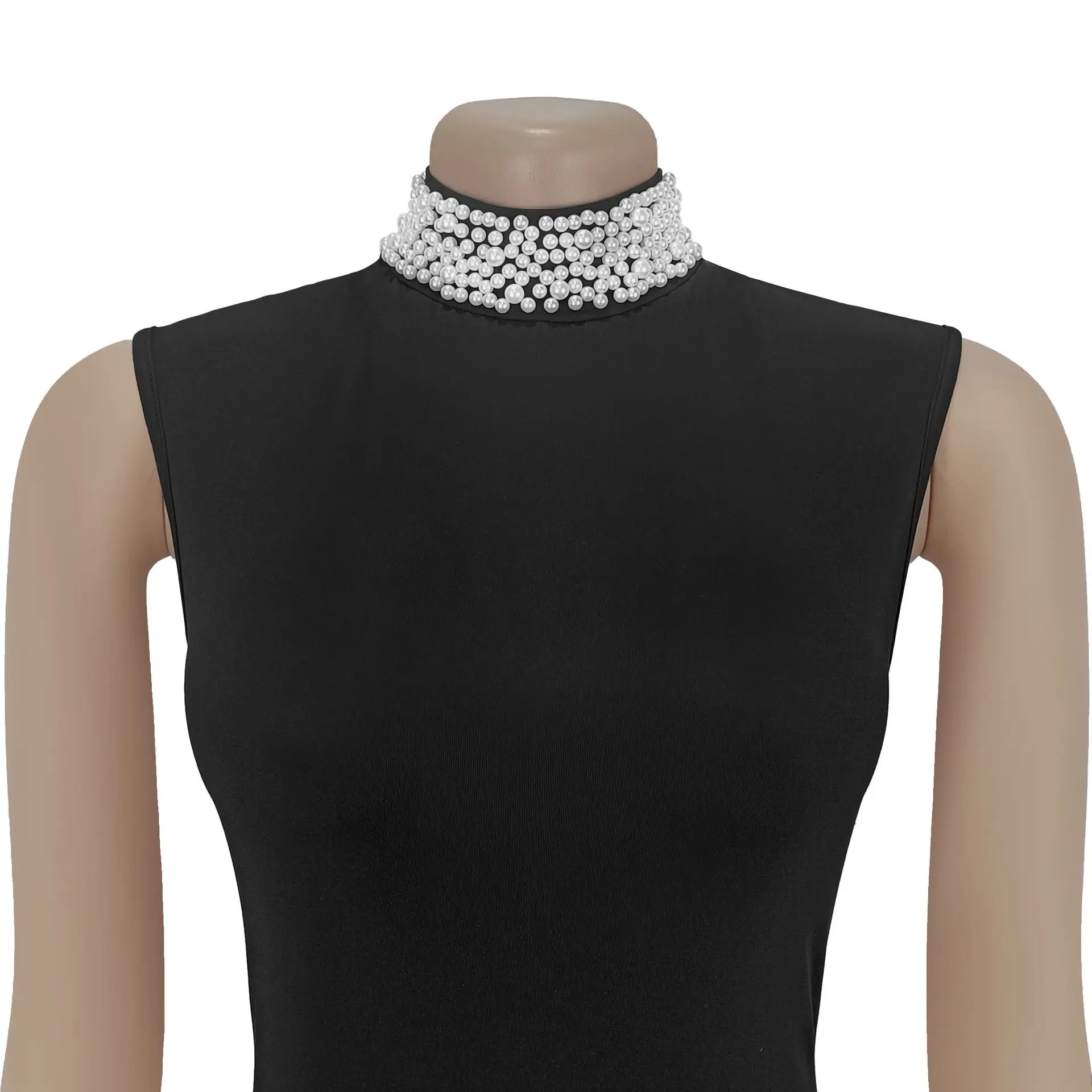 GLCMYAYA Women Pearl Beading Stand Collar Bodycon Midi Maxi Long Pleated Dress 2025 Summer Vacation Holiday Sexy Party Dresses