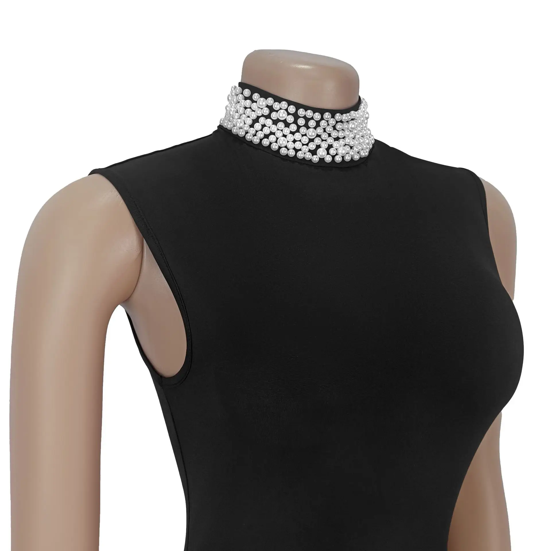 GLCMYAYA Women Pearl Beading Stand Collar Bodycon Midi Maxi Long Pleated Dress 2025 Summer Vacation Holiday Sexy Party Dresses