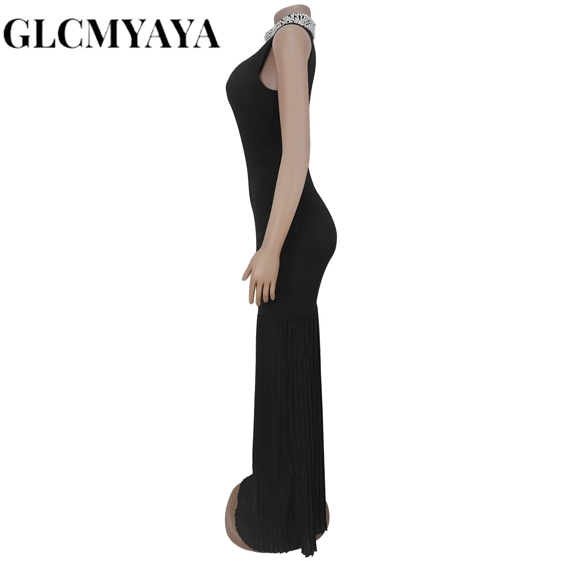 GLCMYAYA Women Pearl Beading Stand Collar Bodycon Midi Maxi Long Pleated Dress 2025 Summer Vacation Holiday Sexy Party Dresses