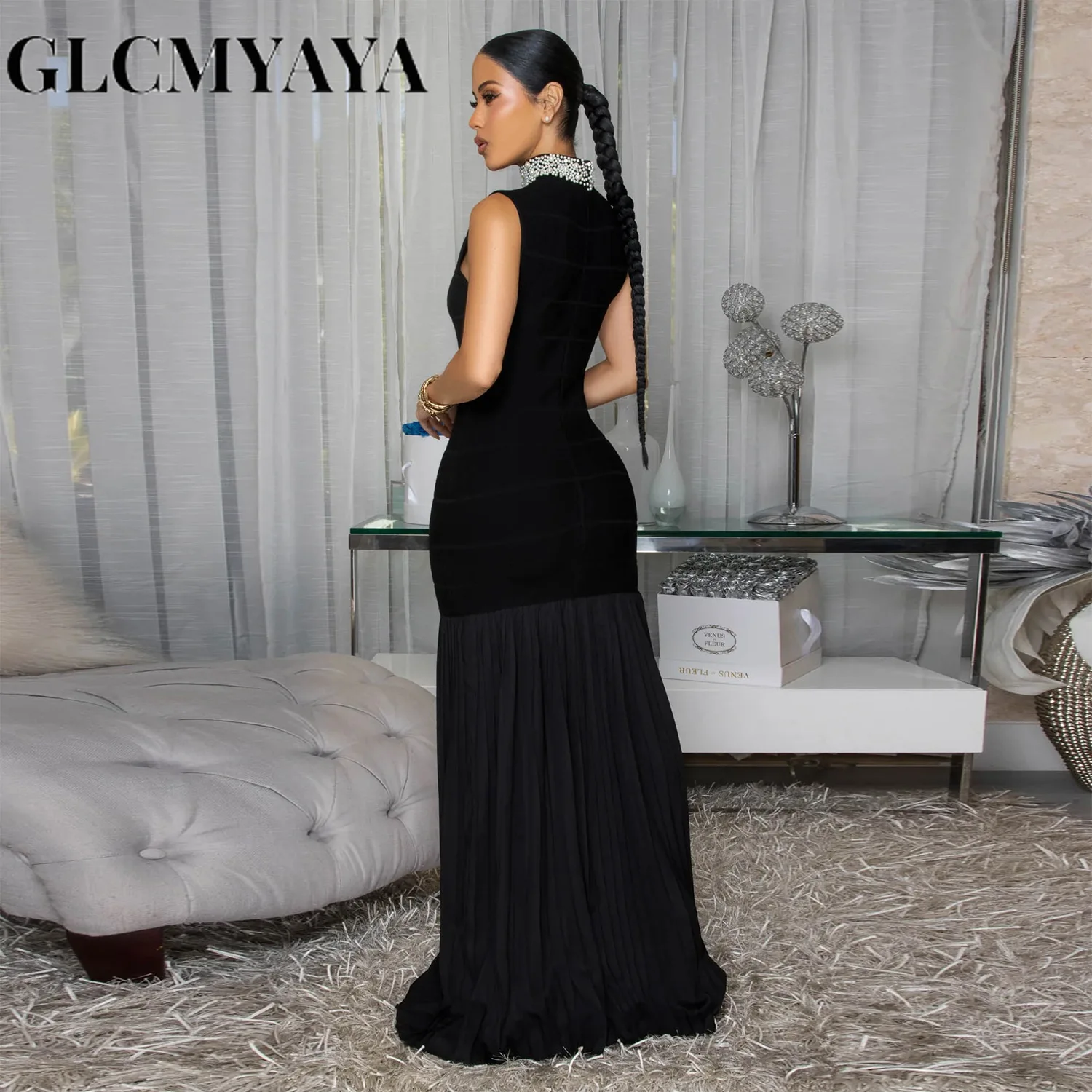GLCMYAYA Women Pearl Beading Stand Collar Bodycon Midi Maxi Long Pleated Dress 2025 Summer Vacation Holiday Sexy Party Dresses