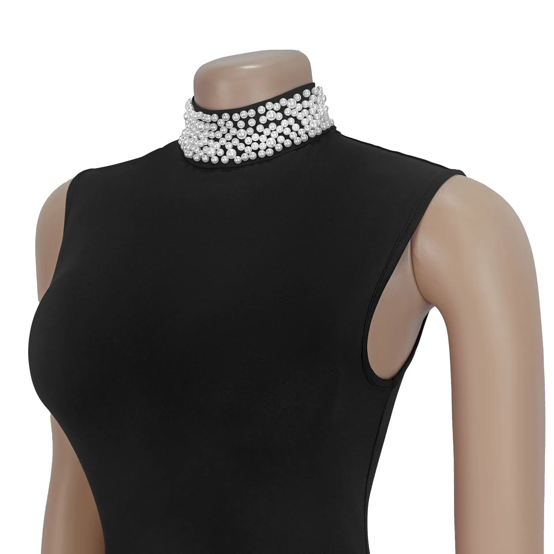 GLCMYAYA Women Pearl Beading Stand Collar Bodycon Midi Maxi Long Pleated Dress 2025 Summer Vacation Holiday Sexy Party Dresses