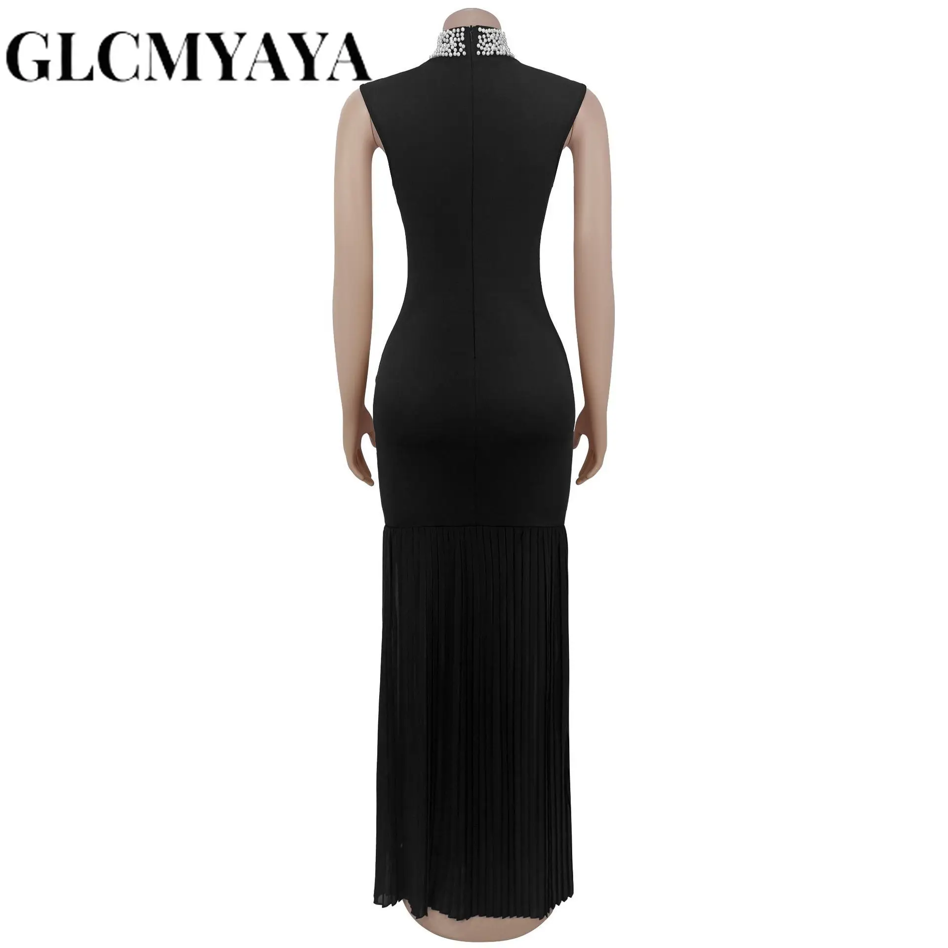 GLCMYAYA Women Pearl Beading Stand Collar Bodycon Midi Maxi Long Pleated Dress 2025 Summer Vacation Holiday Sexy Party Dresses