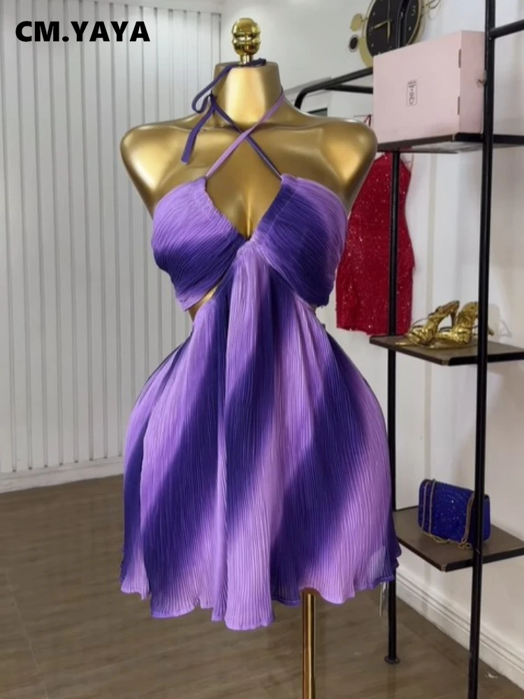 CM.YAYA Women Sleeveless Strap Gradient Printed Big Swing Dress 2025 Beach Holiday Evening Night Party Vestidos Sexy Dresses