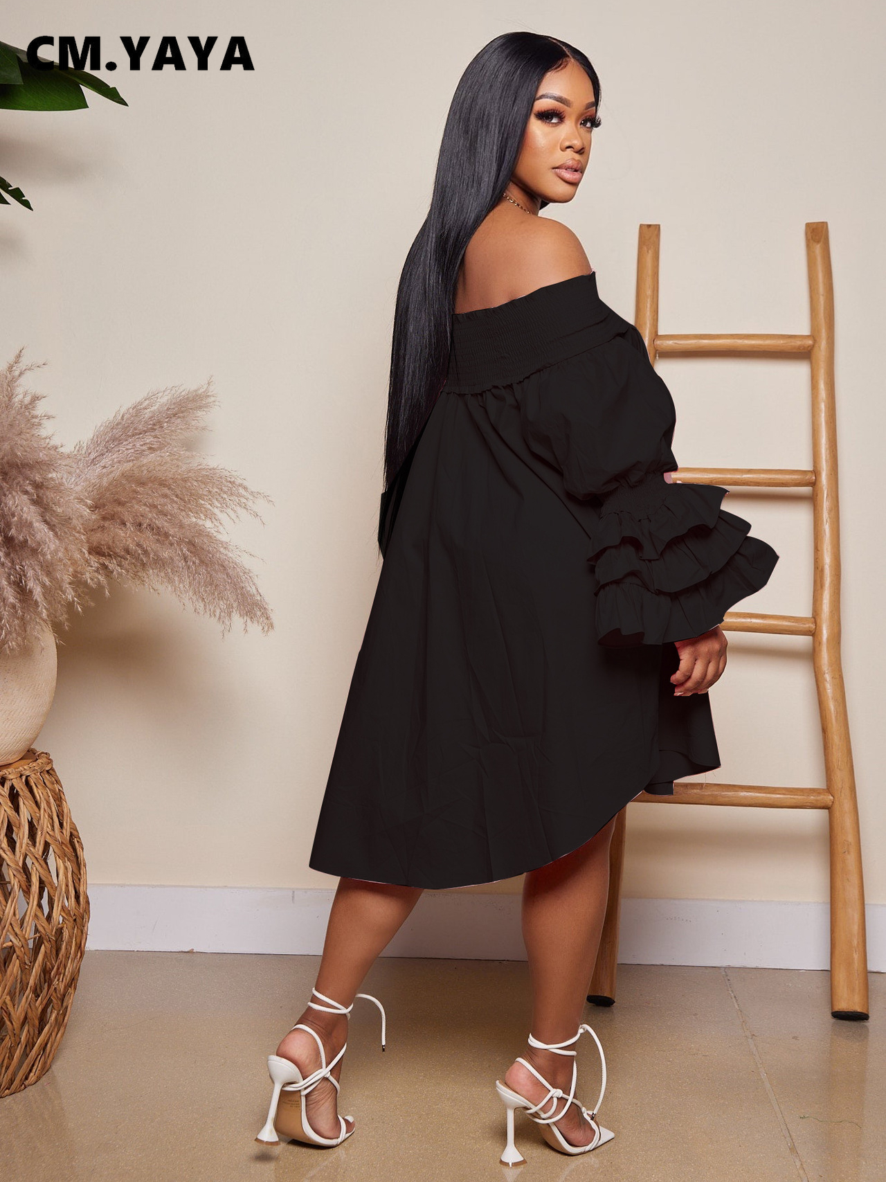 CM.YAYA Chic Women Cascading Ruffles Petal Off Shoulder Long Sleeve Smock Dress 2022 Big Swing Loose Blouse Sundress Vestidos