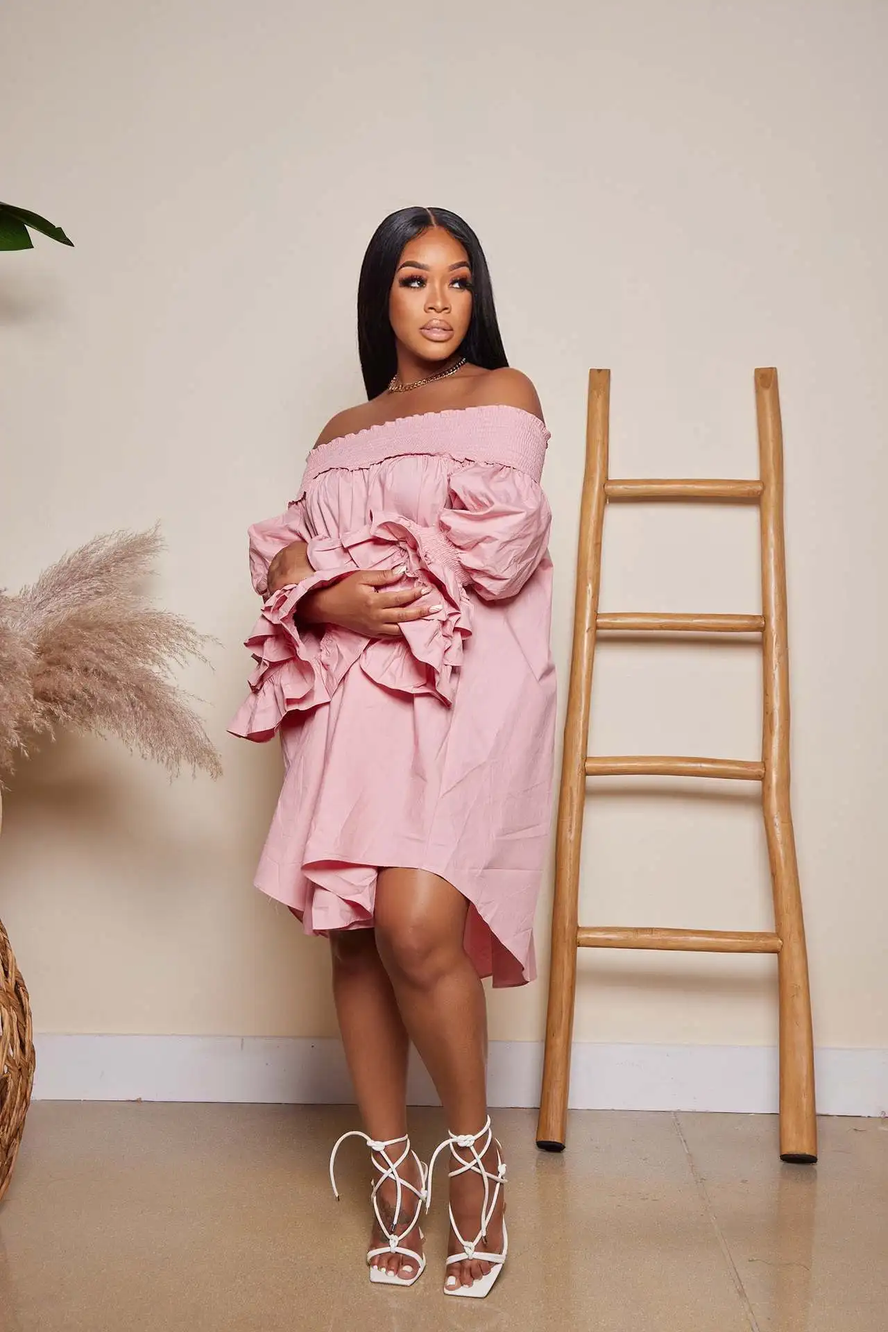 CM.YAYA Chic Women Cascading Ruffles Petal Off Shoulder Long Sleeve Smock Dress 2022 Big Swing Loose Blouse Sundress Vestidos