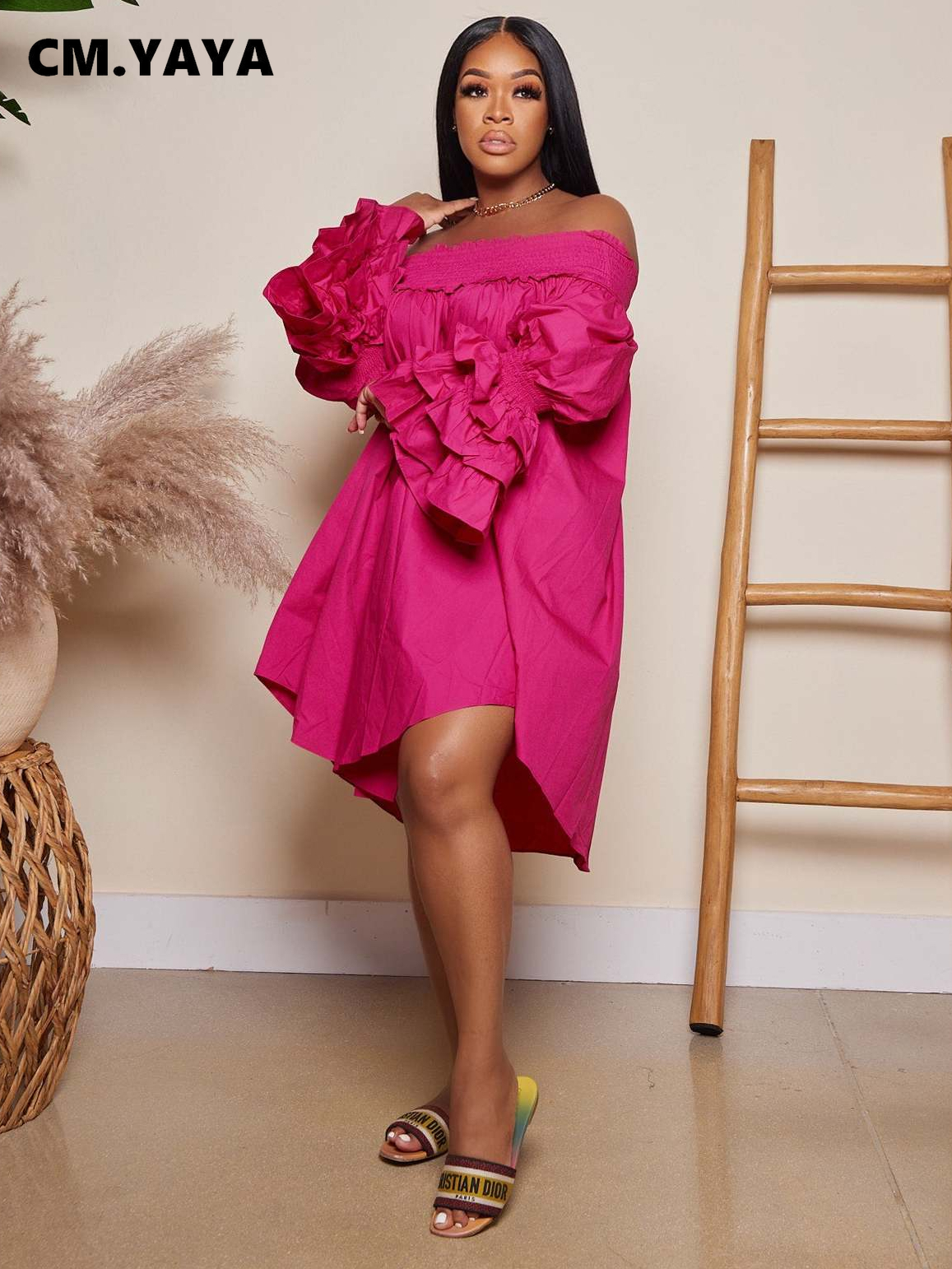 CM.YAYA Chic Women Cascading Ruffles Petal Off Shoulder Long Sleeve Smock Dress 2022 Big Swing Loose Blouse Sundress Vestidos