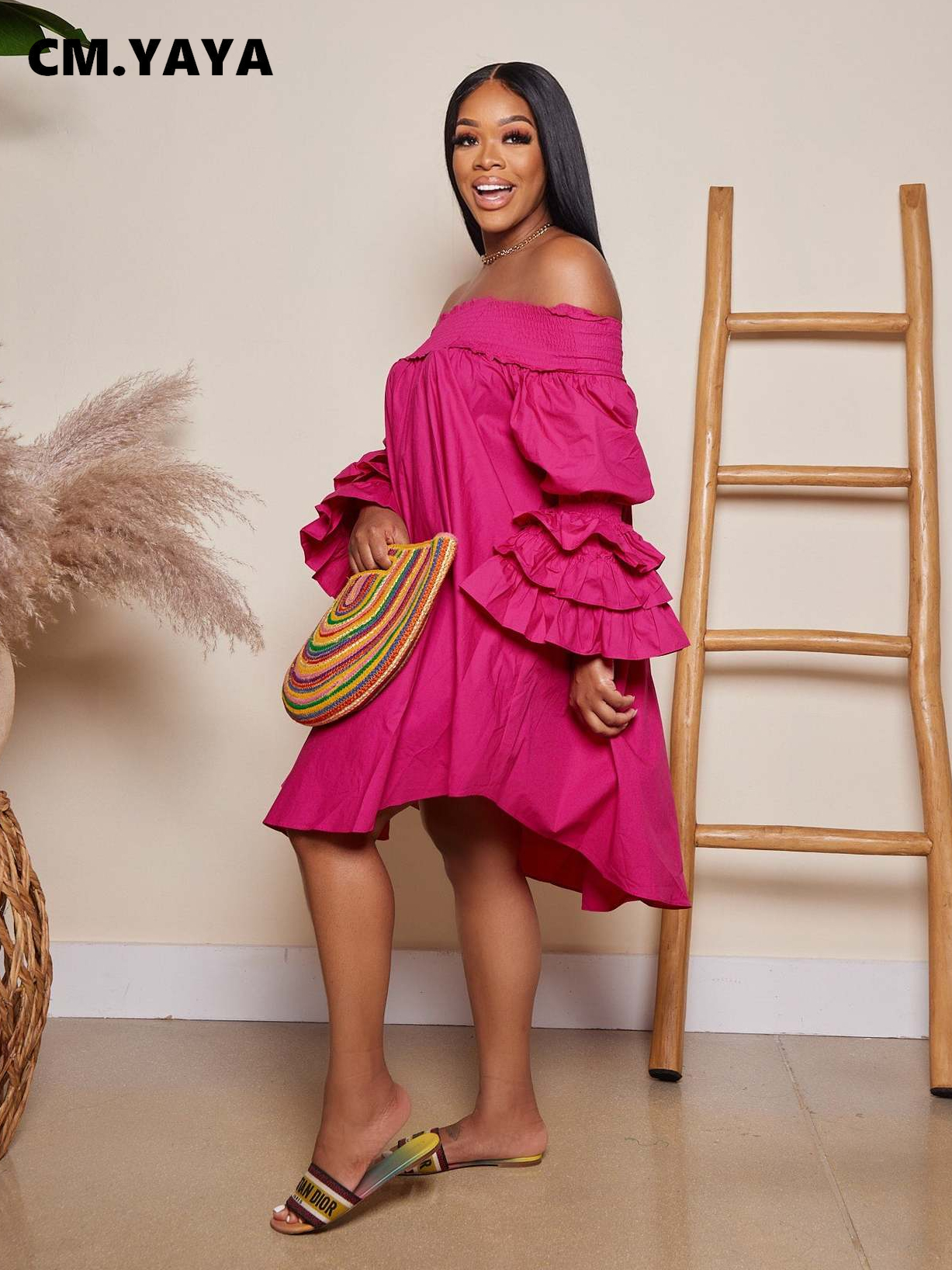 CM.YAYA Chic Women Cascading Ruffles Petal Off Shoulder Long Sleeve Smock Dress 2022 Big Swing Loose Blouse Sundress Vestidos