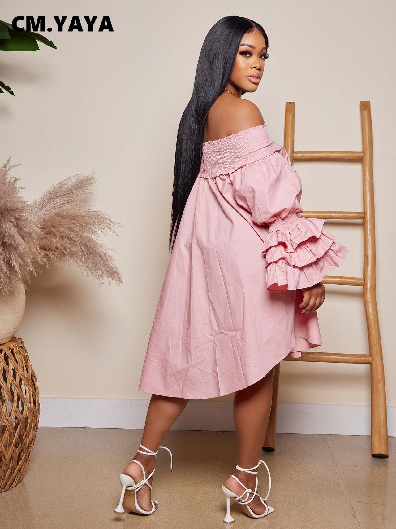 CM.YAYA Chic Women Cascading Ruffles Petal Off Shoulder Long Sleeve Smock Dress 2022 Big Swing Loose Blouse Sundress Vestidos