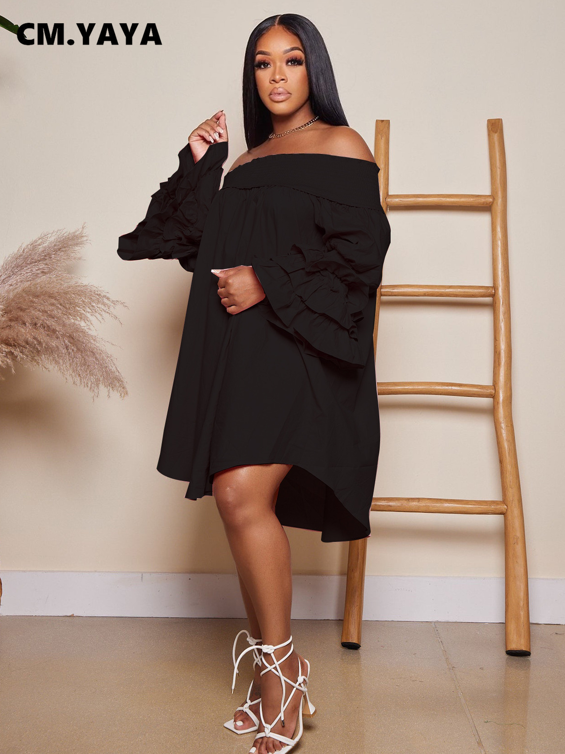 CM.YAYA Chic Women Cascading Ruffles Petal Off Shoulder Long Sleeve Smock Dress 2022 Big Swing Loose Blouse Sundress Vestidos