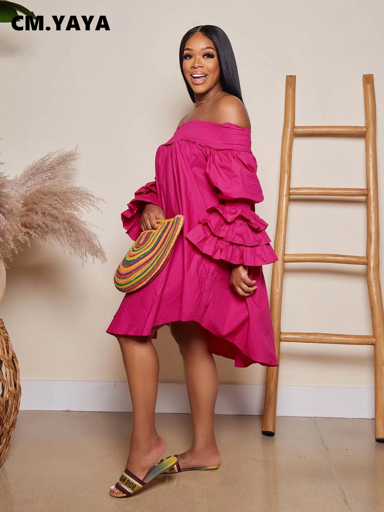 CM.YAYA Chic Women Cascading Ruffles Petal Off Shoulder Long Sleeve Smock Dress 2022 Big Swing Loose Blouse Sundress Vestidos