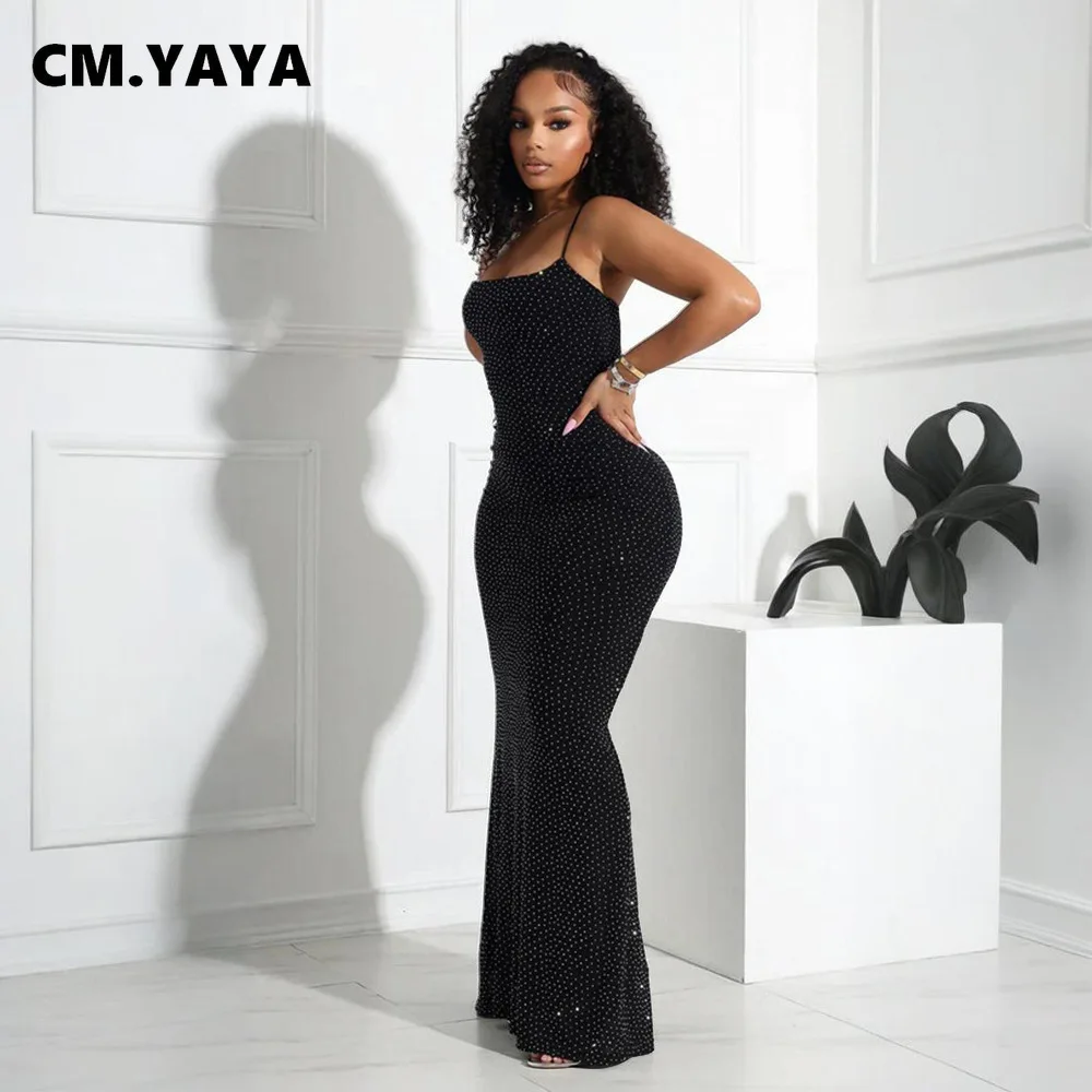 CM.YAYA Women Diamonds Hot Rhinestones Strap Bodycon Mermaid Long Maxi Dress 2025 Birthday Night Club Party Vestido Sexy Dresses