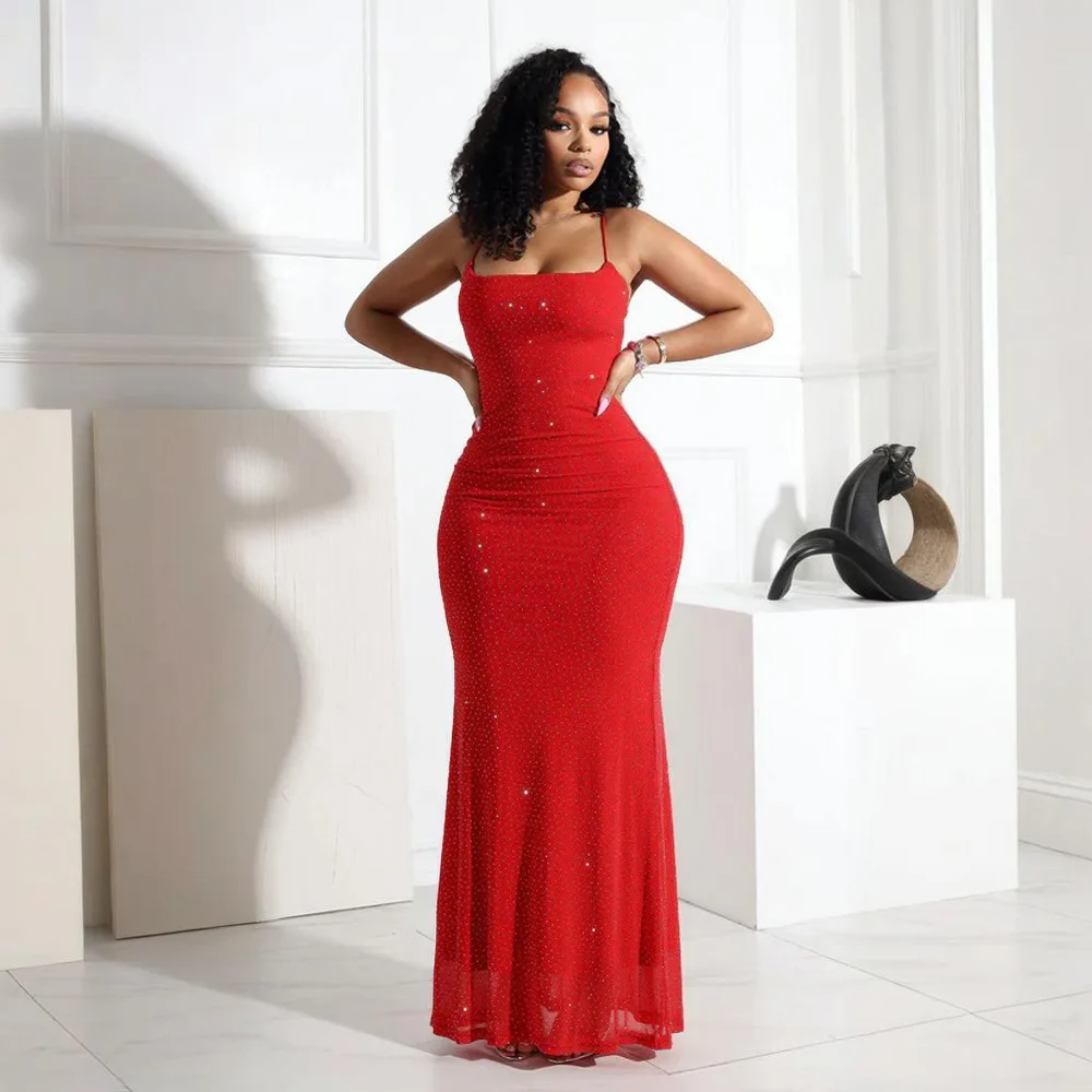 CM.YAYA Women Diamonds Hot Rhinestones Strap Bodycon Mermaid Long Maxi Dress 2025 Birthday Night Club Party Vestido Sexy Dresses