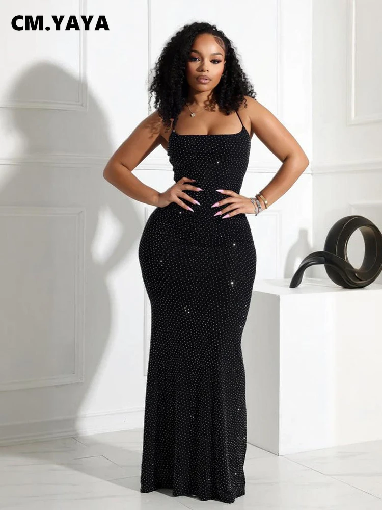 CM.YAYA Women Diamonds Hot Rhinestones Strap Bodycon Mermaid Long Maxi Dress 2025 Birthday Night Club Party Vestido Sexy Dresses