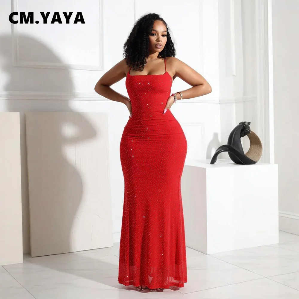 CM.YAYA Women Diamonds Hot Rhinestones Strap Bodycon Mermaid Long Maxi Dress 2025 Birthday Night Club Party Vestido Sexy Dresses