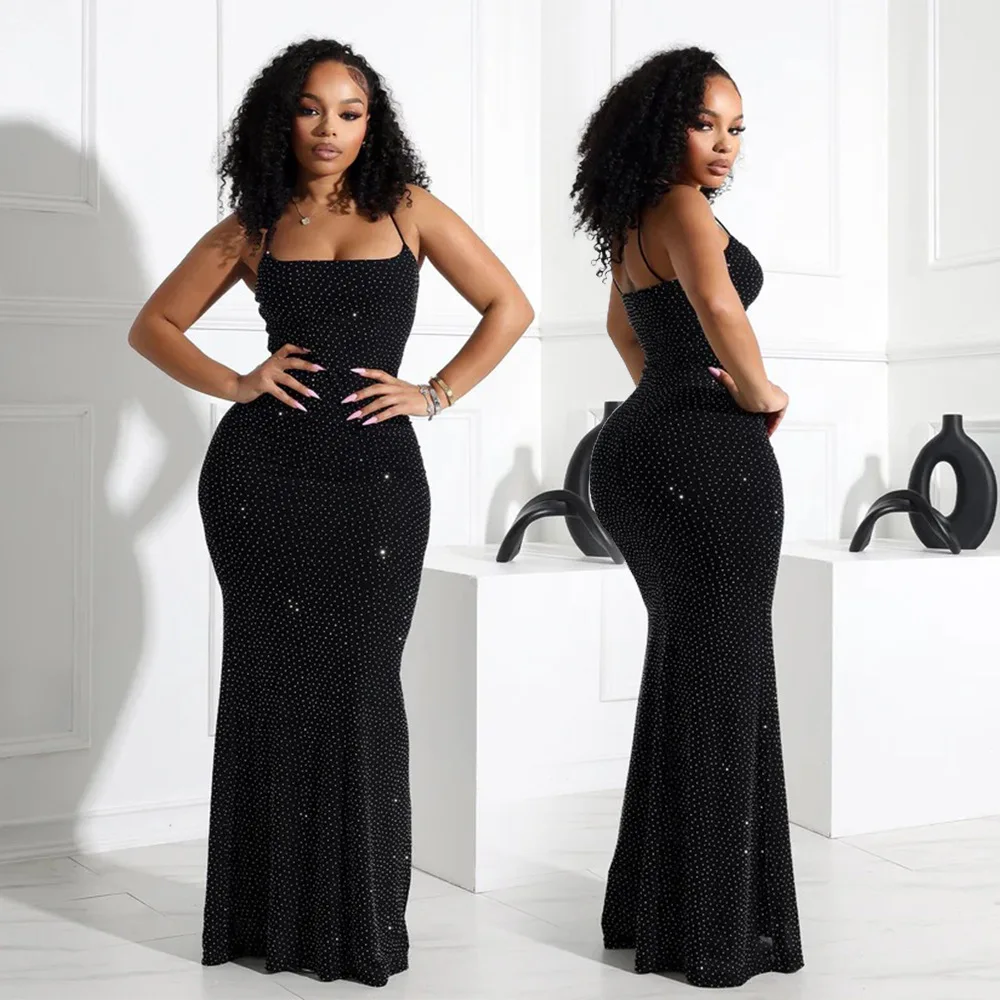 CM.YAYA Women Diamonds Hot Rhinestones Strap Bodycon Mermaid Long Maxi Dress 2025 Birthday Night Club Party Vestido Sexy Dresses