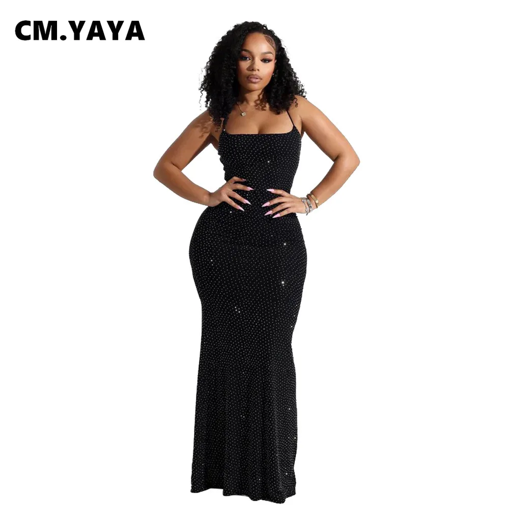 CM.YAYA Women Diamonds Hot Rhinestones Strap Bodycon Mermaid Long Maxi Dress 2025 Birthday Night Club Party Vestido Sexy Dresses