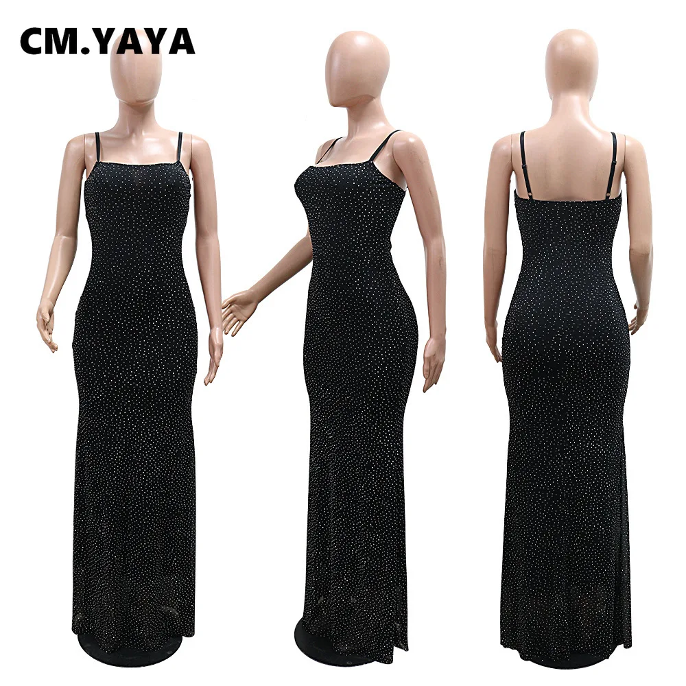 CM.YAYA Women Diamonds Hot Rhinestones Strap Bodycon Mermaid Long Maxi Dress 2025 Birthday Night Club Party Vestido Sexy Dresses