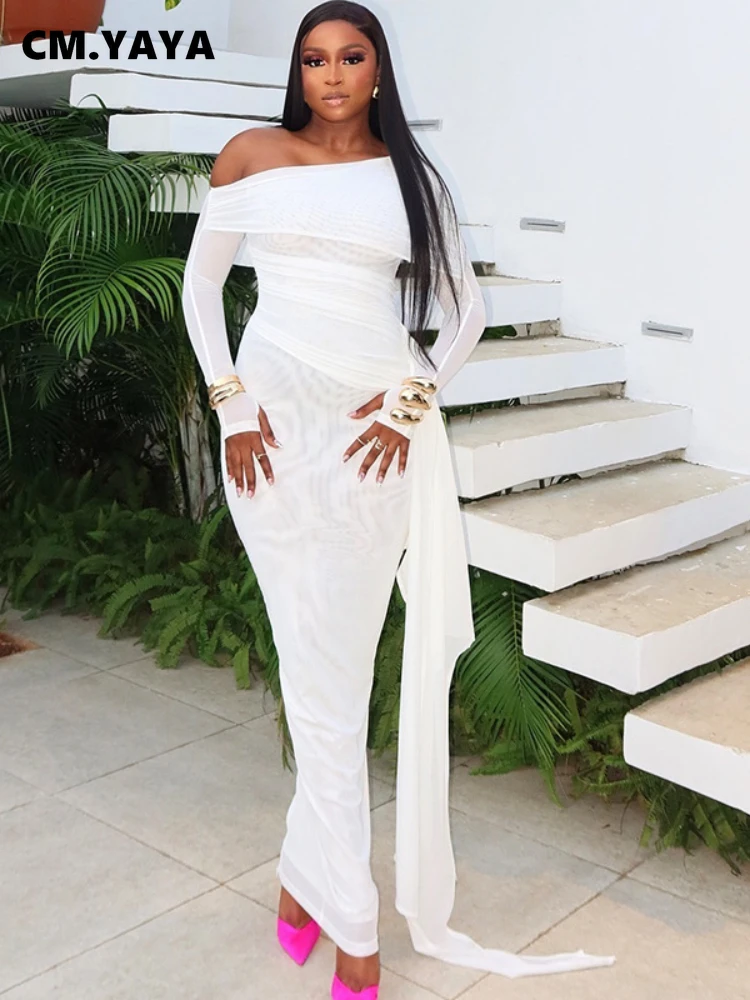 CM.YAYA Women Diagonal Collar Mesh Full Sleeve Long Maxi Dress 2024 Autumn Streetwear Night Club Evening Party Dresses Vestidos