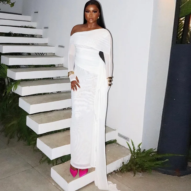 CM.YAYA Women Diagonal Collar Mesh Full Sleeve Long Maxi Dress 2024 Autumn Streetwear Night Club Evening Party Dresses Vestidos