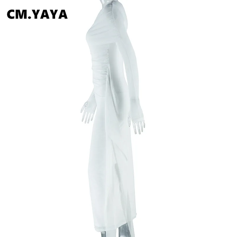 CM.YAYA Women Diagonal Collar Mesh Full Sleeve Long Maxi Dress 2024 Autumn Streetwear Night Club Evening Party Dresses Vestidos
