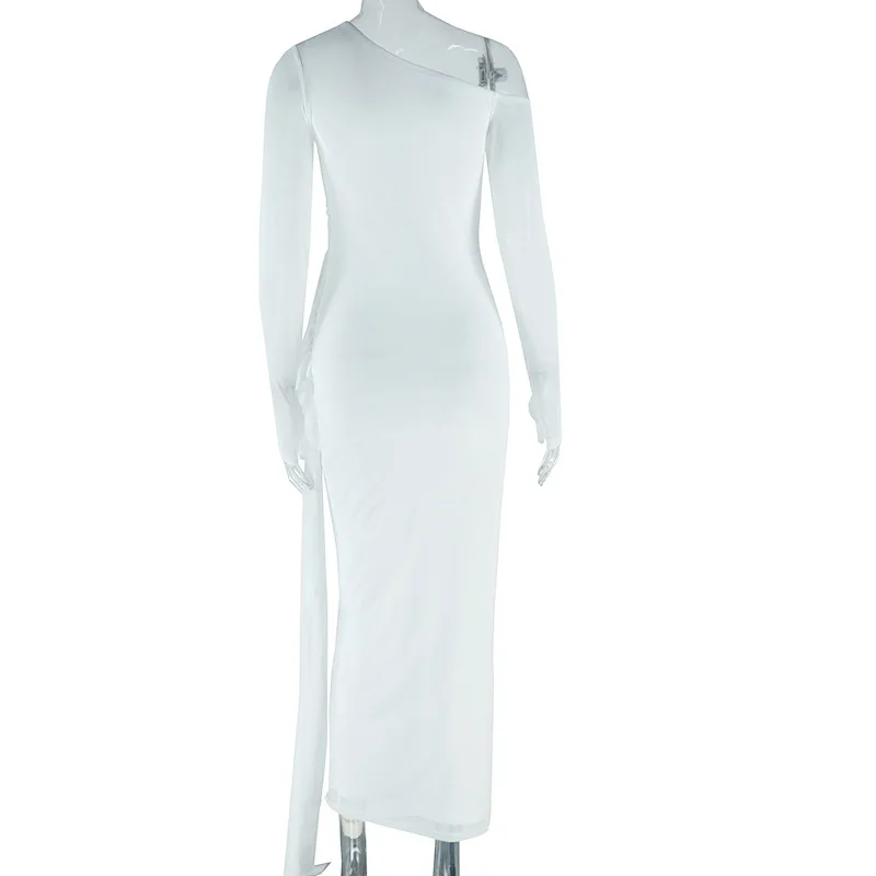 CM.YAYA Women Diagonal Collar Mesh Full Sleeve Long Maxi Dress 2024 Autumn Streetwear Night Club Evening Party Dresses Vestidos