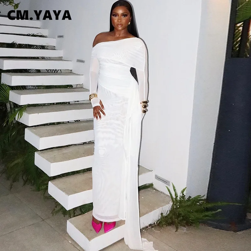 CM.YAYA Women Diagonal Collar Mesh Full Sleeve Long Maxi Dress 2024 Autumn Streetwear Night Club Evening Party Dresses Vestidos