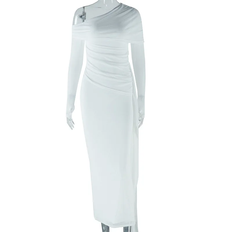 CM.YAYA Women Diagonal Collar Mesh Full Sleeve Long Maxi Dress 2024 Autumn Streetwear Night Club Evening Party Dresses Vestidos