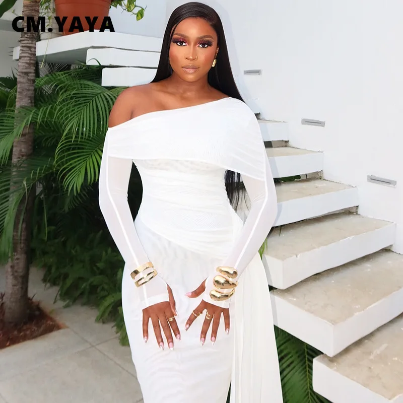 CM.YAYA Women Diagonal Collar Mesh Full Sleeve Long Maxi Dress 2024 Autumn Streetwear Night Club Evening Party Dresses Vestidos