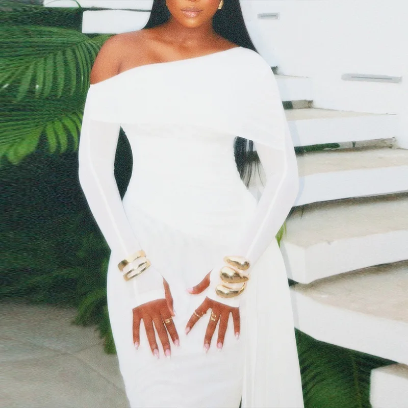 CM.YAYA Women Diagonal Collar Mesh Full Sleeve Long Maxi Dress 2024 Autumn Streetwear Night Club Evening Party Dresses Vestidos