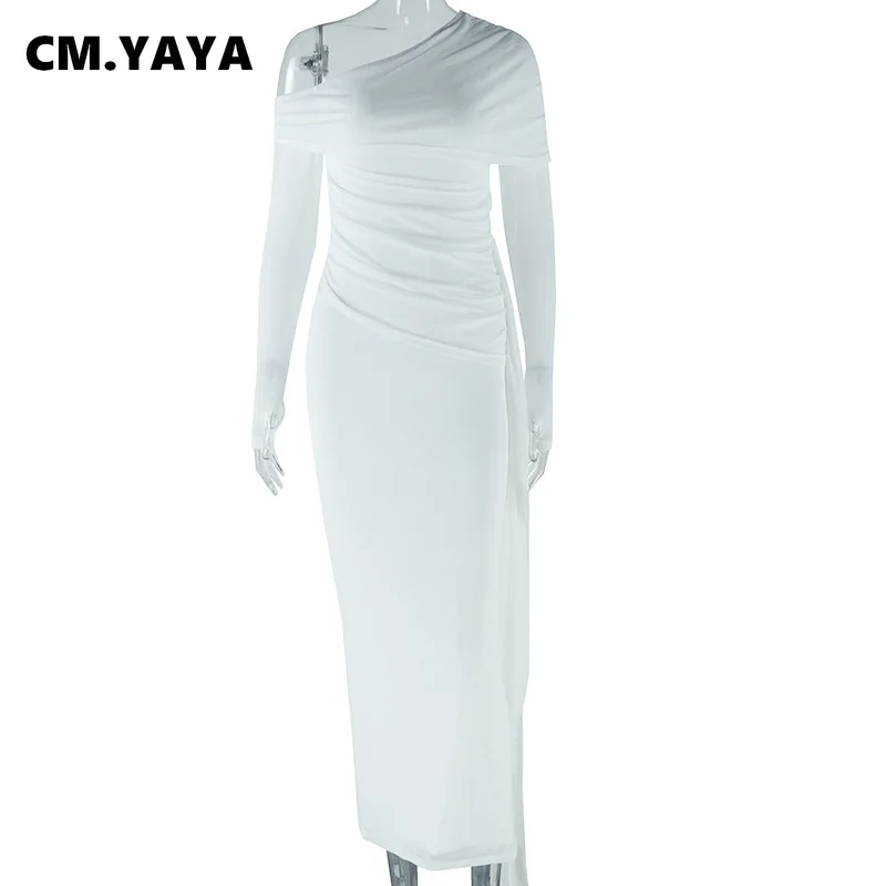 CM.YAYA Women Diagonal Collar Mesh Full Sleeve Long Maxi Dress 2024 Autumn Streetwear Night Club Evening Party Dresses Vestidos