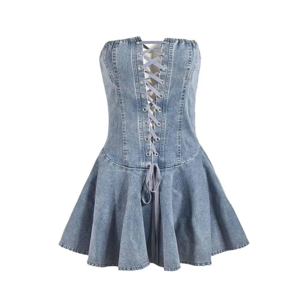 CM.YAYA Women Strapless Denim Washed Bodycon Lady Up Ruffles Mini Dress 2024 Summer Street Beach Night Club Dresses Vestidos
