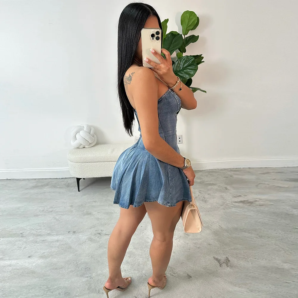 CM.YAYA Women Strapless Denim Washed Bodycon Lady Up Ruffles Mini Dress 2024 Summer Street Beach Night Club Dresses Vestidos