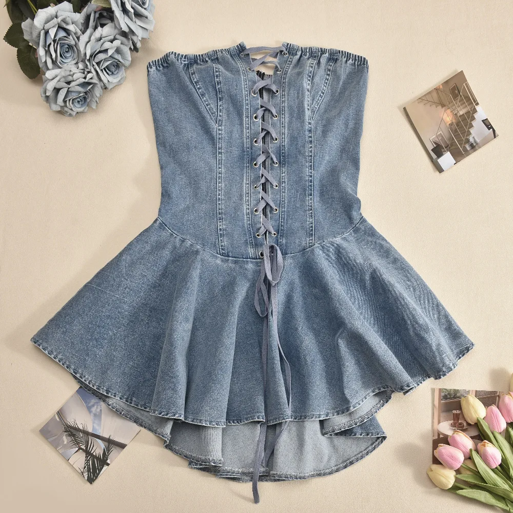 CM.YAYA Women Strapless Denim Washed Bodycon Lady Up Ruffles Mini Dress 2024 Summer Street Beach Night Club Dresses Vestidos