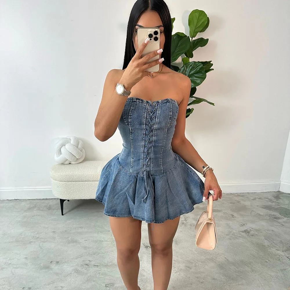 CM.YAYA Women Strapless Denim Washed Bodycon Lady Up Ruffles Mini Dress 2024 Summer Street Beach Night Club Dresses Vestidos
