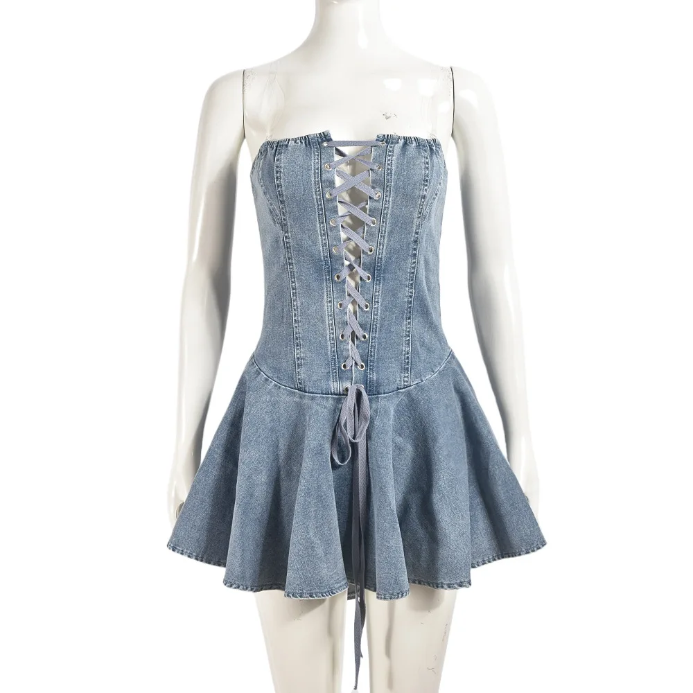 CM.YAYA Women Strapless Denim Washed Bodycon Lady Up Ruffles Mini Dress 2024 Summer Street Beach Night Club Dresses Vestidos