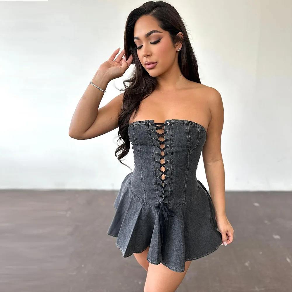 CM.YAYA Women Strapless Denim Washed Bodycon Lady Up Ruffles Mini Dress 2024 Summer Street Beach Night Club Dresses Vestidos